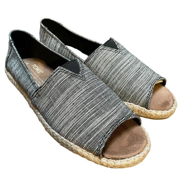 TOMS Shoes Women’s Size 5 Alpargata Open Toe Slip On Black White Flats Casual - Picture 2 of 6